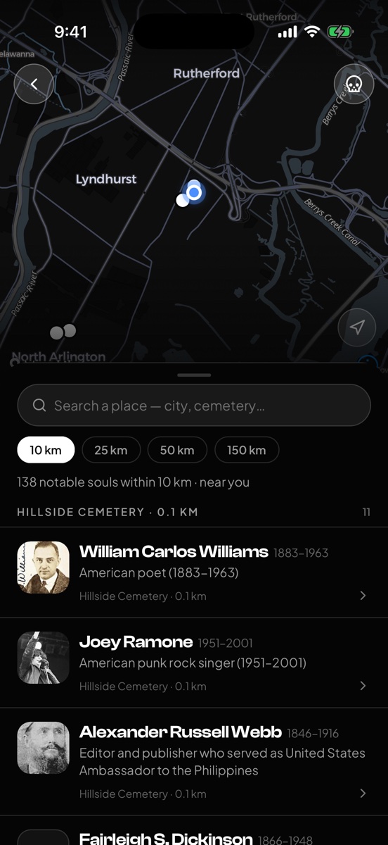 Map and ranked list of notable burials near Hillside Cemetery, New Jersey