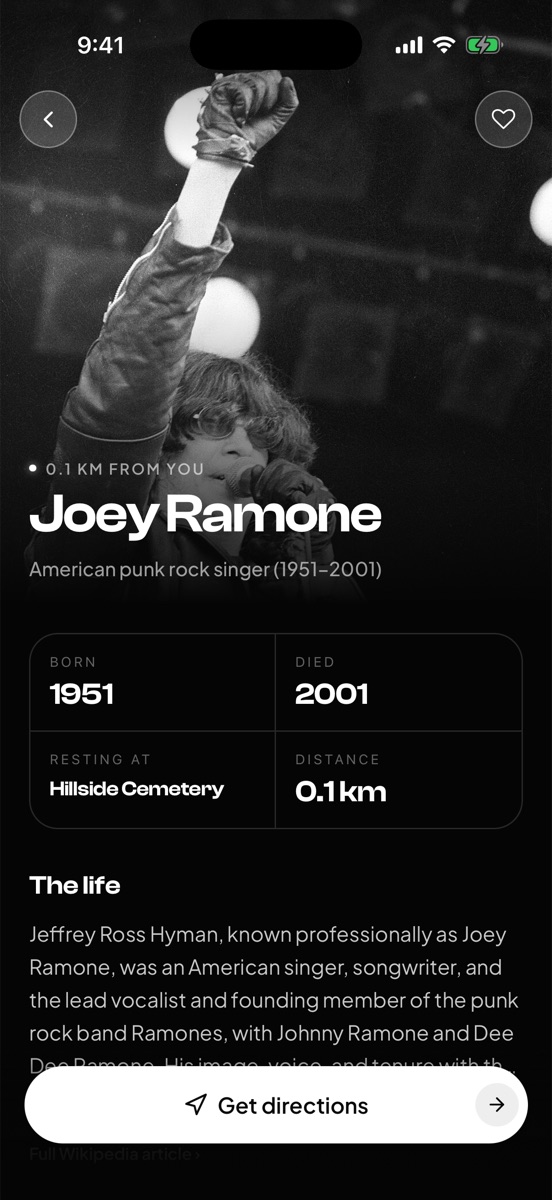 Nearly Departed — Joey Ramone's grave, 0.1 km away, with dates, a bio, and directions